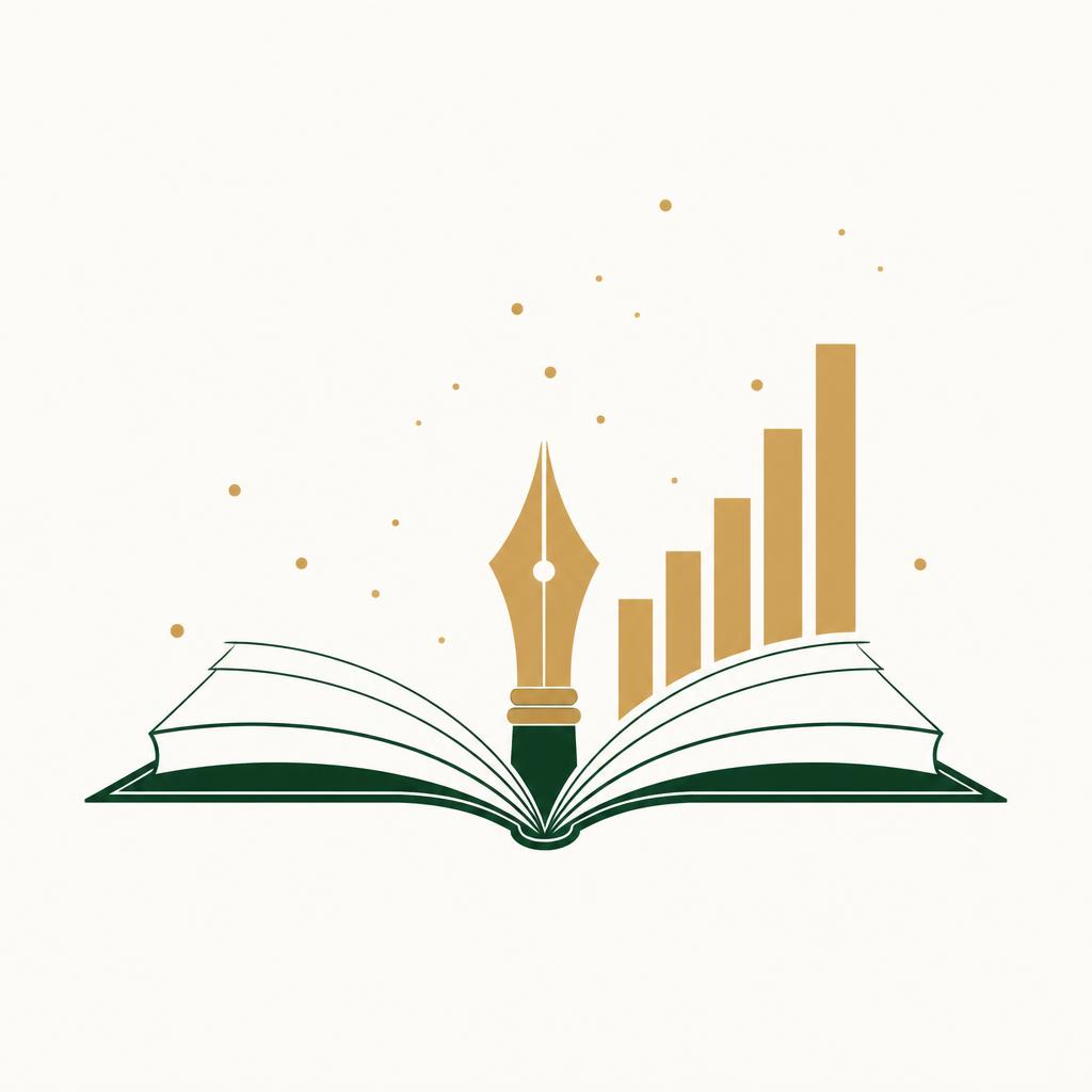 Abstract editorial illustration of an open book with a fountain pen nib and ascending growth bars